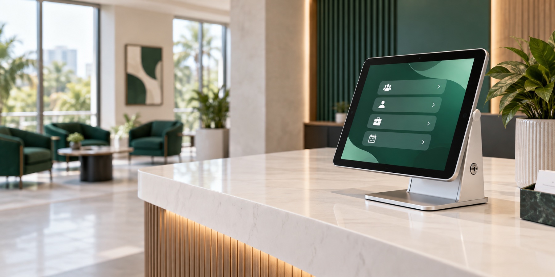 Tablette Qalma installée sur un support sécurisé dans un espace d’accueil moderne
