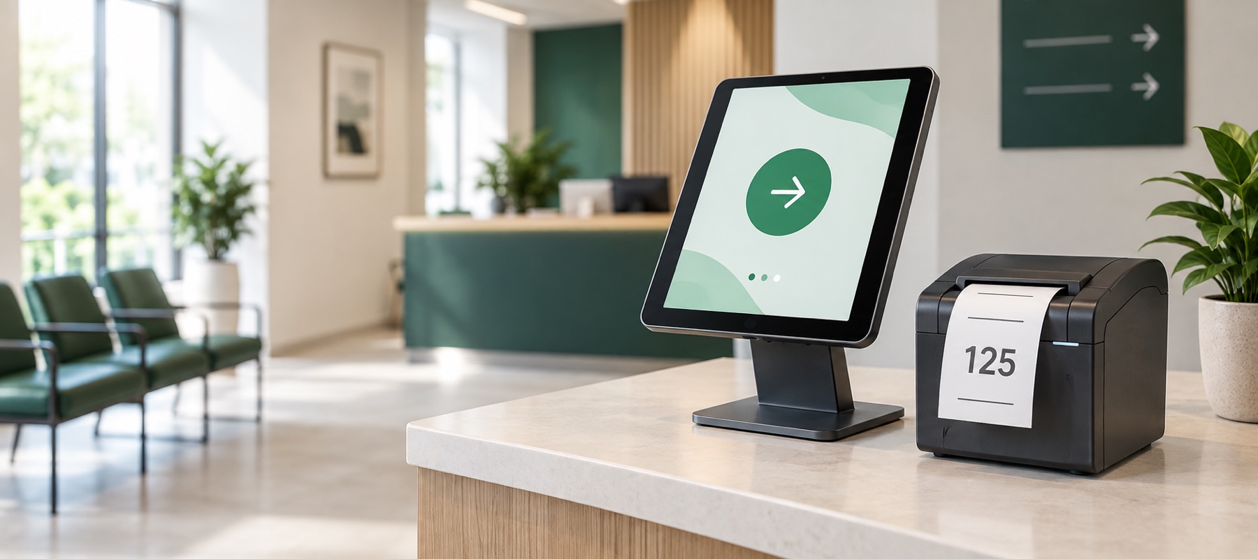 Tablette Qalma et imprimante thermique imprimant un ticket dans un accueil professionnel