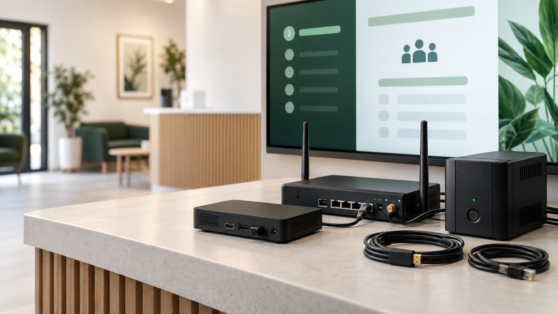 Qalma Player, routeur, onduleur et câbles installés près d’un téléviseur professionnel