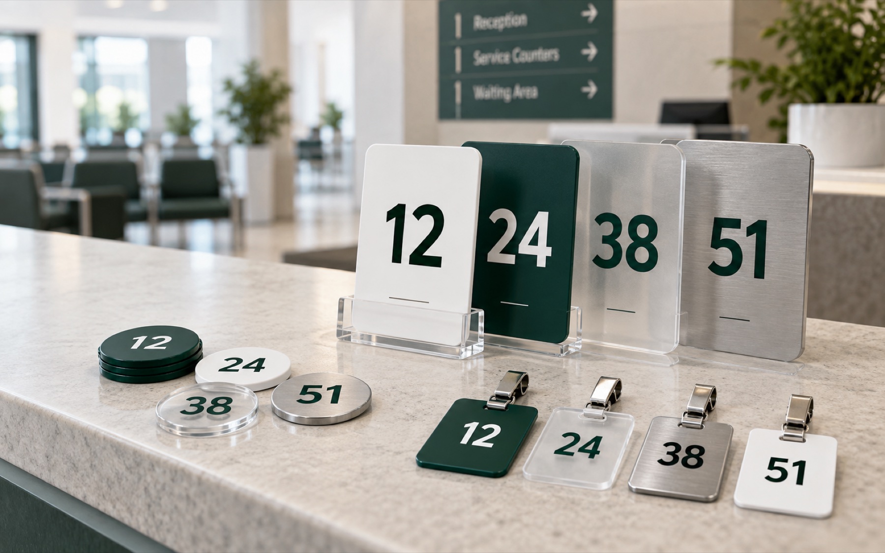 Cartes, jetons, badges et plaques d’appel numérotés réutilisables dans un accueil professionnel